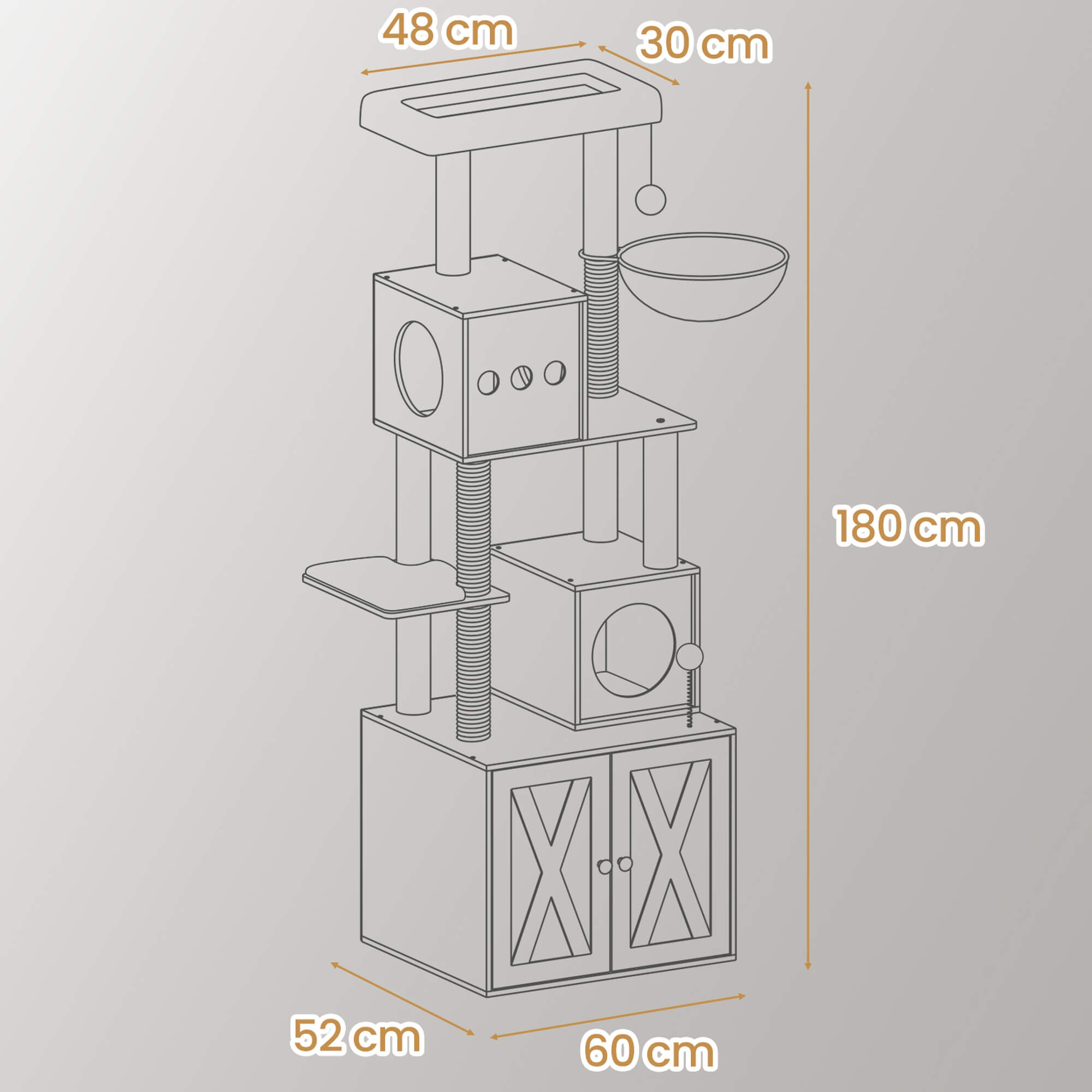 Feandrea Raapimispuu, kissanpuu hiekkalaatikkokaapilla, 185cm korkea, raapimispuu, pylväät, taso, pestävä tyyny, vintage-ruskea