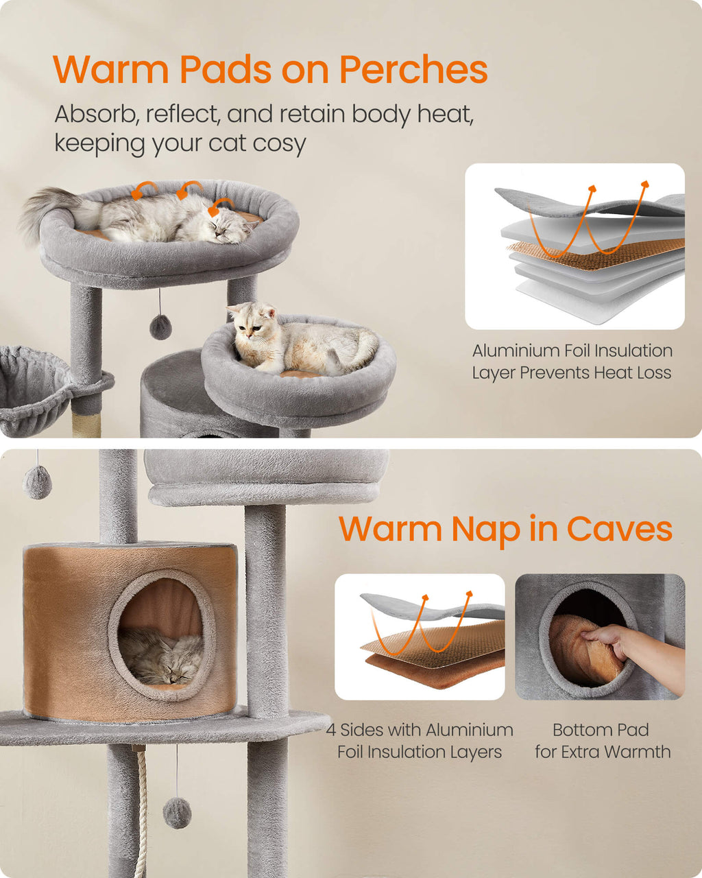 Feandrea Kissanpuu 196cm, tornimalli, useita tasoja, 2 tasoa, 3 pesää, 2 riippumattoa, 4 pompomia, plyysiä, vaaleanharmaa