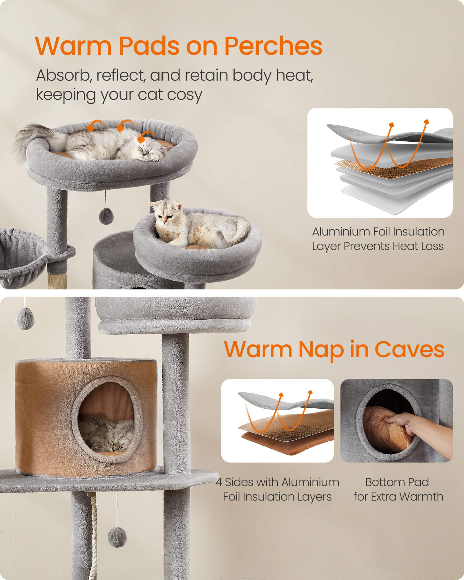 Feandrea Kissanpuu 196cm, tornimalli, useita tasoja, 2 tasoa, 3 pesää, 2 riippumattoa, 4 pompomia, plyysiä, vaaleanharmaa