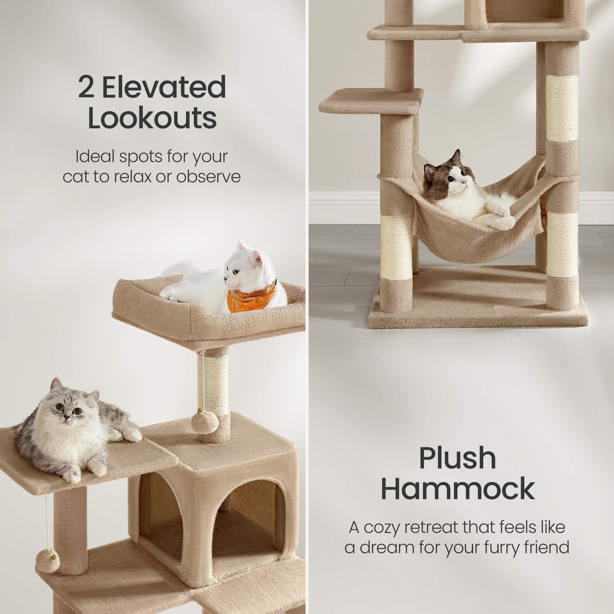 FEANDREA Kissanpuu, kapea torni, riippumatto, kantavuus 15kg, suurille kissoille, tyylikäs, monen kissan talouteen, sisalpylväät, korkeus 143cm