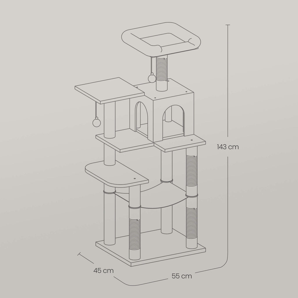 FEANDREA Kissanpuu, kapea torni, riippumatto, kantavuus 15kg, suurille kissoille, tyylikäs, monen kissan talouteen, sisalpylväät, korkeus 143cm