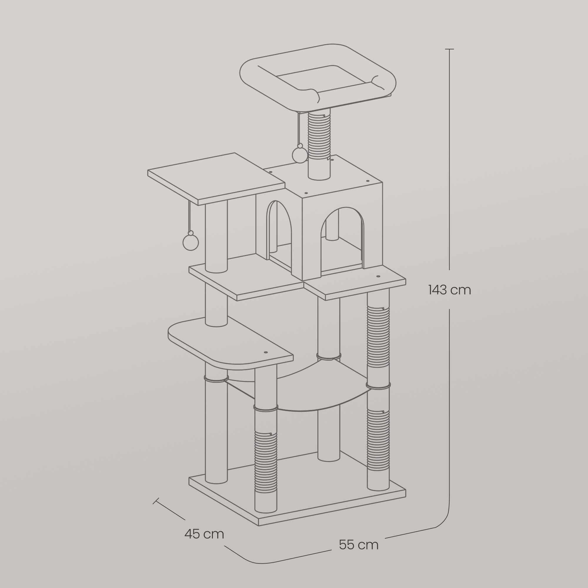 FEANDREA Kissanpuu, kapea torni, riippumatto, kantavuus 15kg, suurille kissoille, tyylikäs, monen kissan talouteen, sisalpylväät, korkeus 143cm