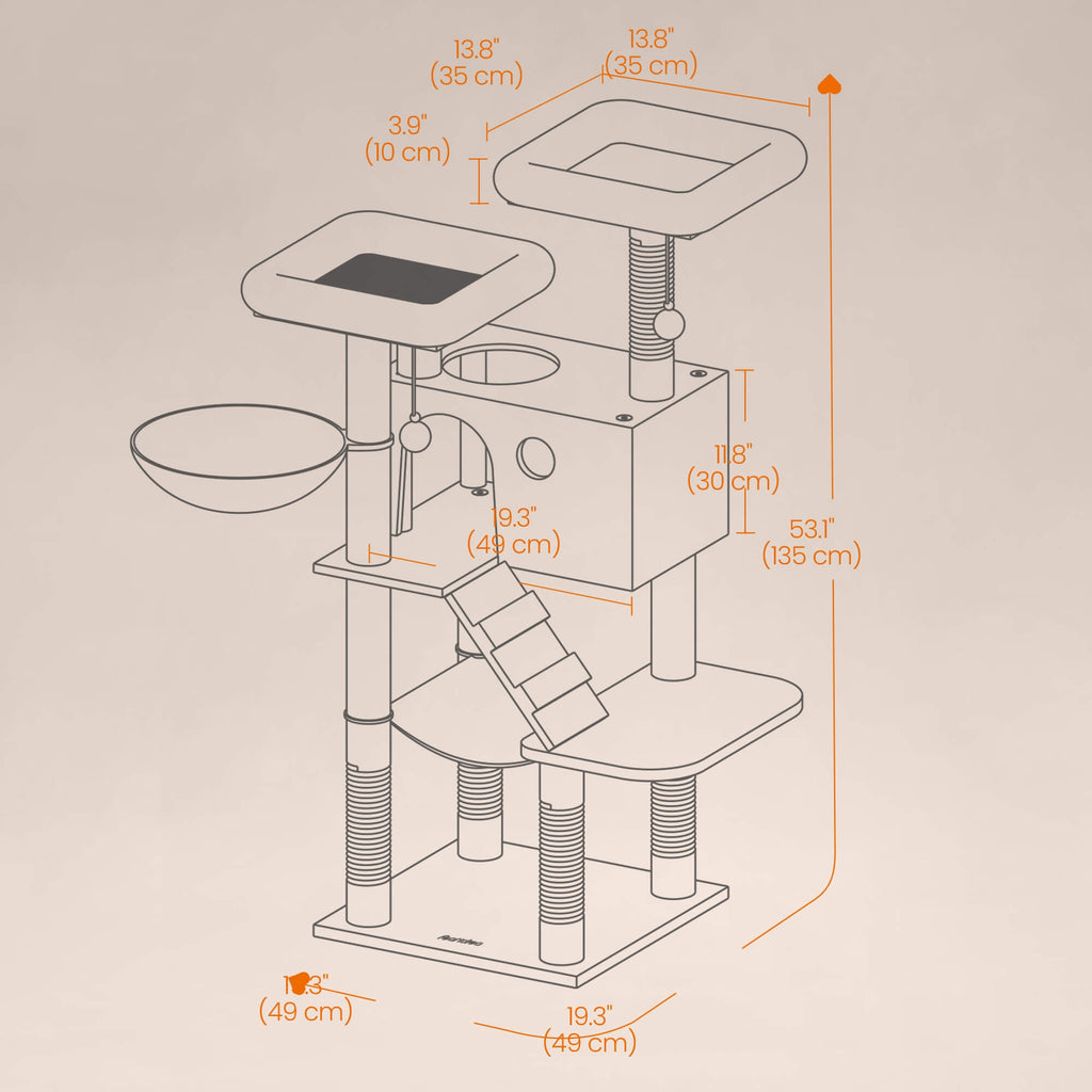Feandrea raapimapuu pehmeällä päällisellä suurille kissoille, ombre-ruskea ja valkoinen