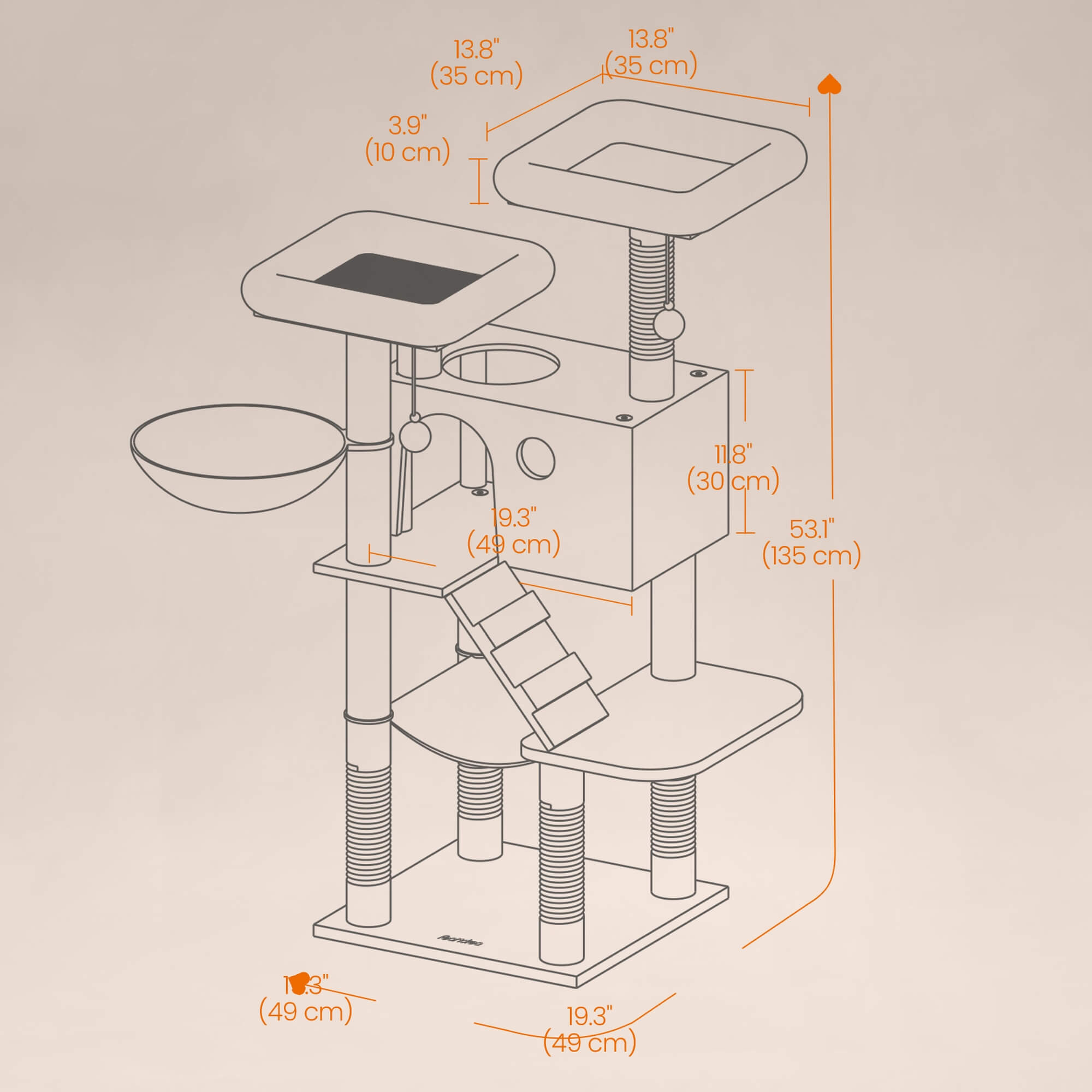 Feandrea raapimapuu pehmeällä päällisellä suurille kissoille, ombre-ruskea ja valkoinen