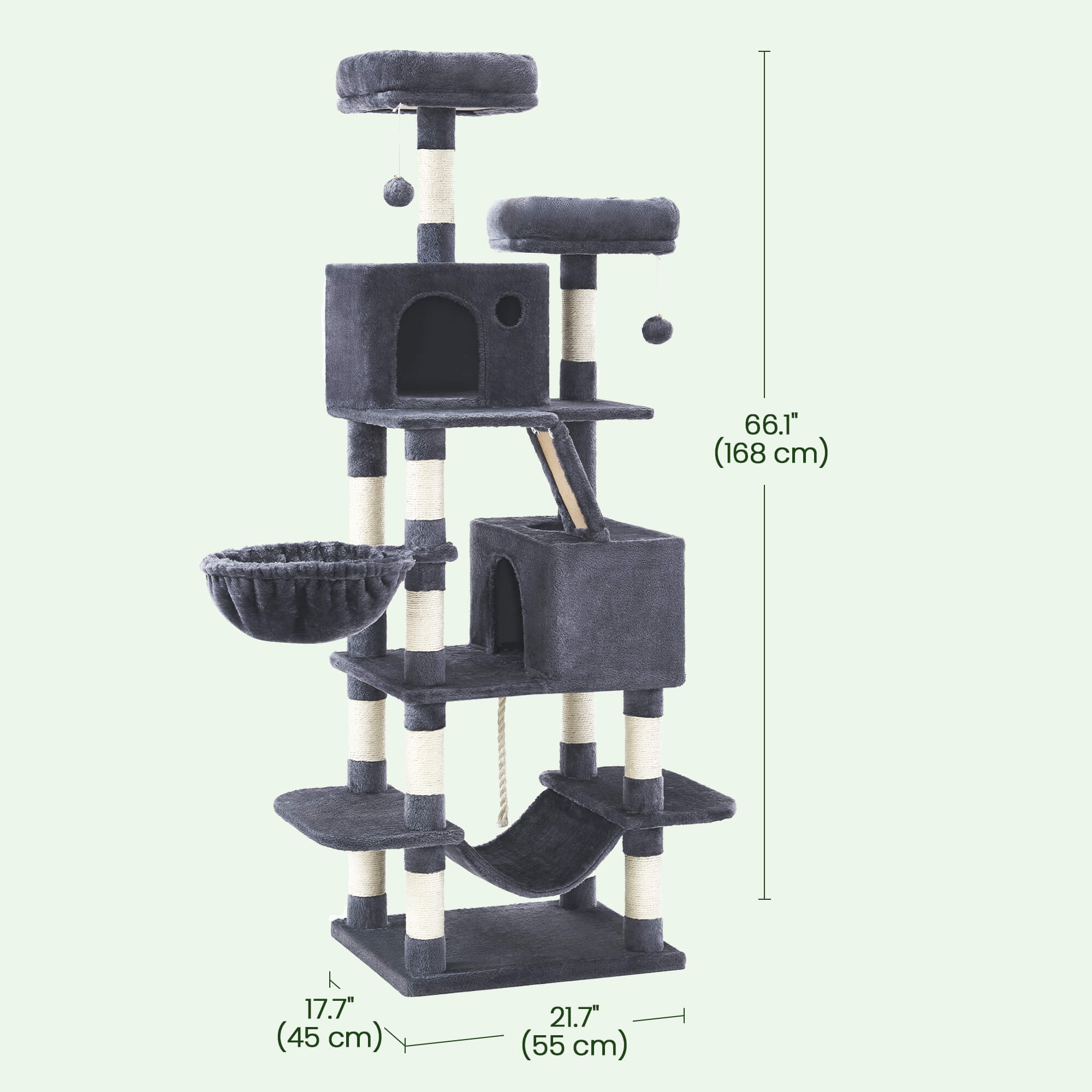 FEANDREA Kissanpuu suurille kissoille, suosittu, monen kissan talouteen, riippumatto, kapea, tilaa säästävä, korkeus 168cm