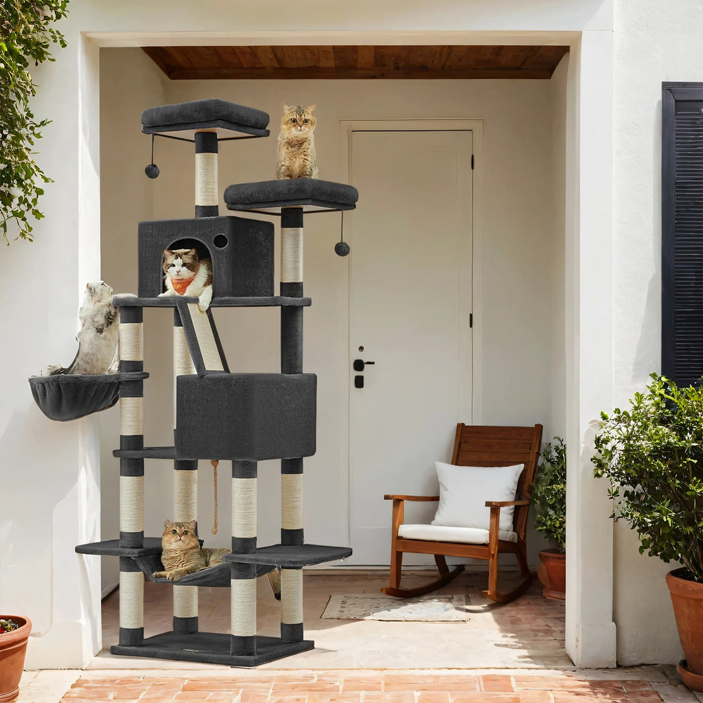 Feandrea Suuri raapimispuu, 206cm korkea, XXL-torni, 13 pylvästä, 2 tasoa, 2 luolaa, kori, riippumatto, plyysipallot, monitasoinen, muste-musta