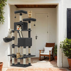 Feandrea Suuri raapimispuu, 206cm korkea, XXL-torni, 13 pylvästä, 2 tasoa, 2 luolaa, kori, riippumatto, plyysipallot, monitasoinen, muste-musta