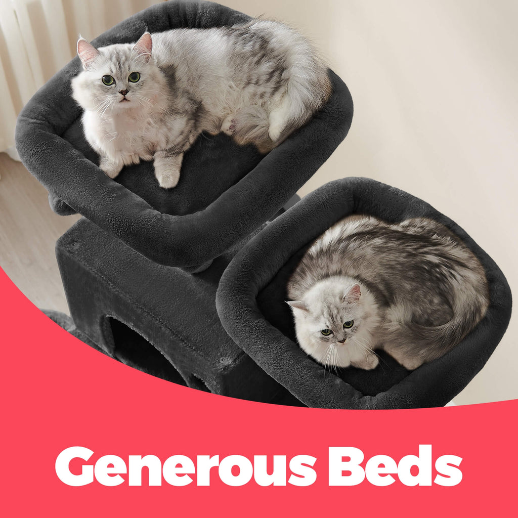 Feandrea Suuri raapimispuu, 206cm korkea, XXL-torni, 13 pylvästä, 2 tasoa, 2 luolaa, kori, riippumatto, plyysipallot, monitasoinen, muste-musta