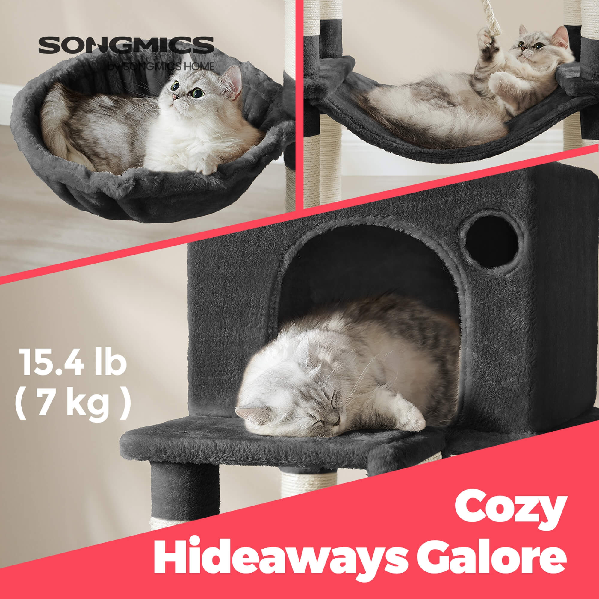 Feandrea Suuri raapimispuu, 206cm korkea, XXL-torni, 13 pylvästä, 2 tasoa, 2 luolaa, kori, riippumatto, plyysipallot, monitasoinen, muste-musta