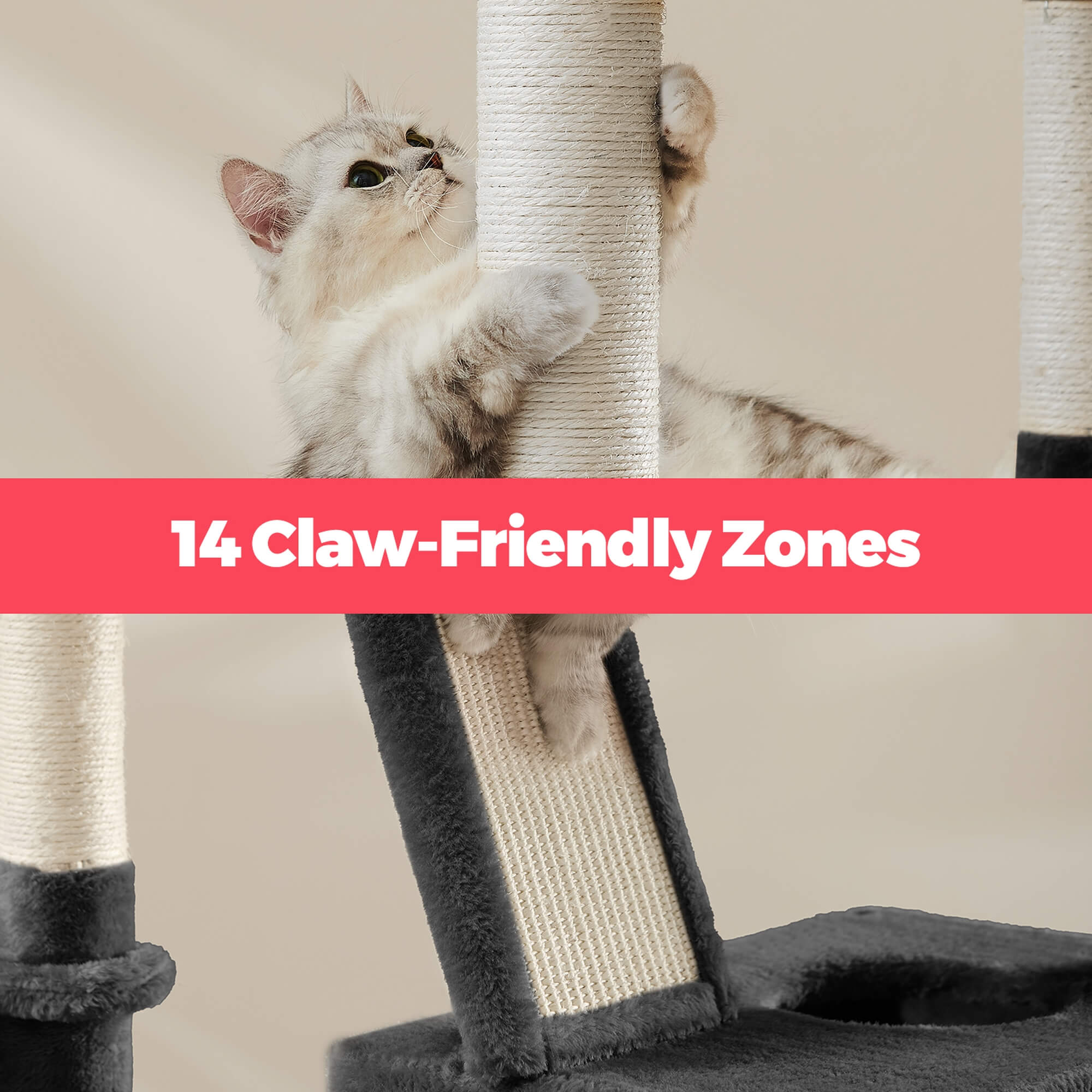 Feandrea Suuri raapimispuu, 206cm korkea, XXL-torni, 13 pylvästä, 2 tasoa, 2 luolaa, kori, riippumatto, plyysipallot, monitasoinen, muste-musta