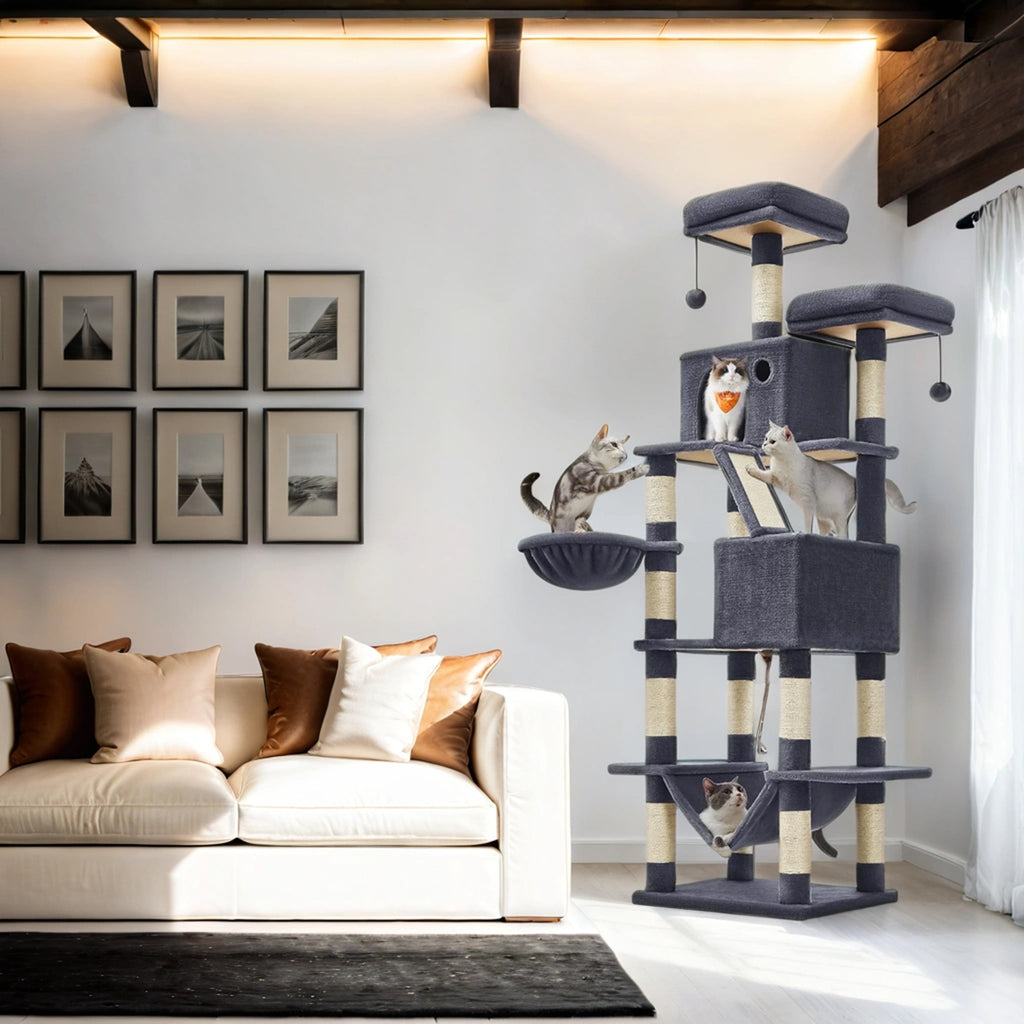 Feandrea Kissanpuu 206cm, torni 13 pylväällä, 2 luolaa, 2 tasoa, kori, pompom, riippumatto, savunharmaa