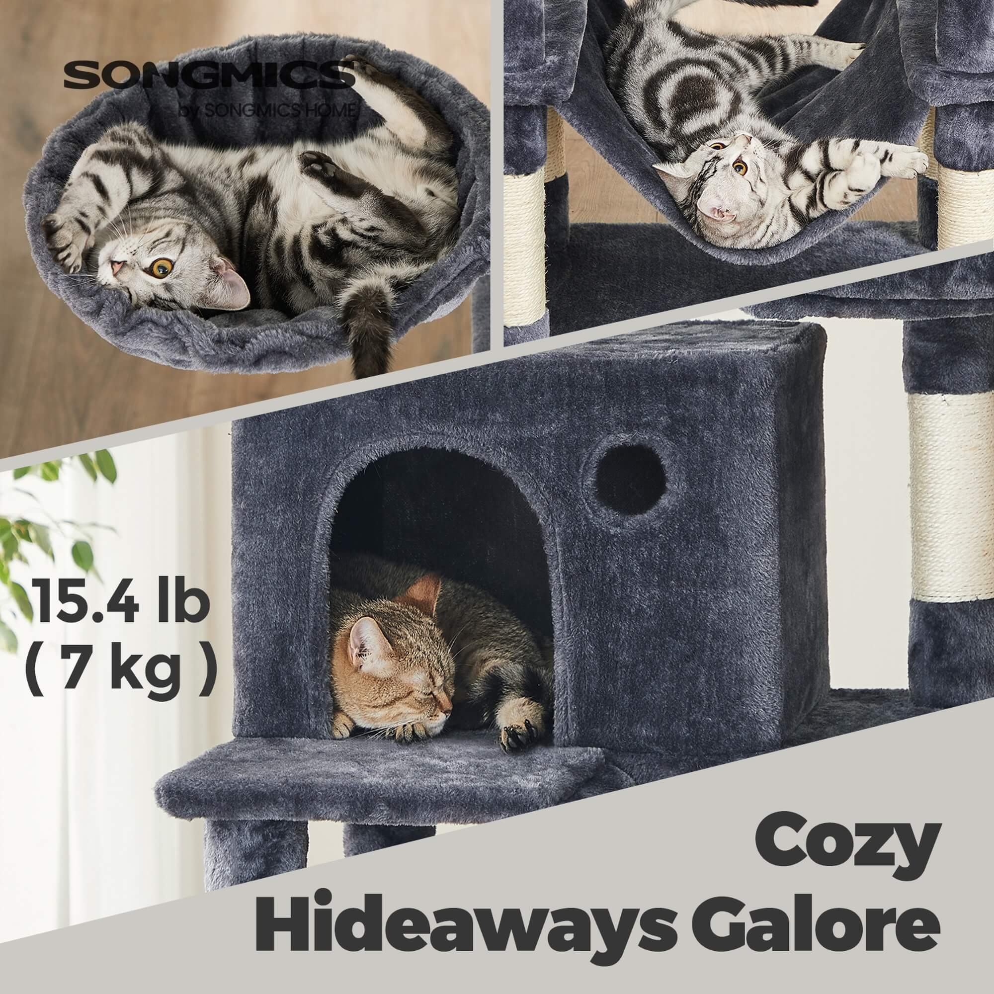 Feandrea Kissanpuu 206cm, torni 13 pylväällä, 2 luolaa, 2 tasoa, kori, pompom, riippumatto, savunharmaa