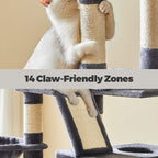 Feandrea Kissanpuu 206cm, torni 13 pylväällä, 2 luolaa, 2 tasoa, kori, pompom, riippumatto, savunharmaa