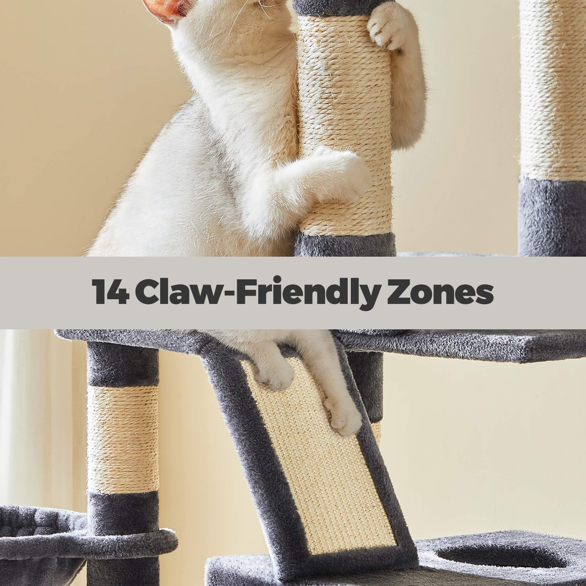 Feandrea Kissanpuu 206cm, torni 13 pylväällä, 2 luolaa, 2 tasoa, kori, pompom, riippumatto, savunharmaa