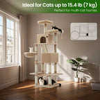 Feandrea Suuri raapimispuu, 206cm korkea, XXL-torni, 13 pylvästä, 2 tasoa, 2 luolaa, kori, riippumatto, plyysipallot, monitasoinen, kamelinruskea