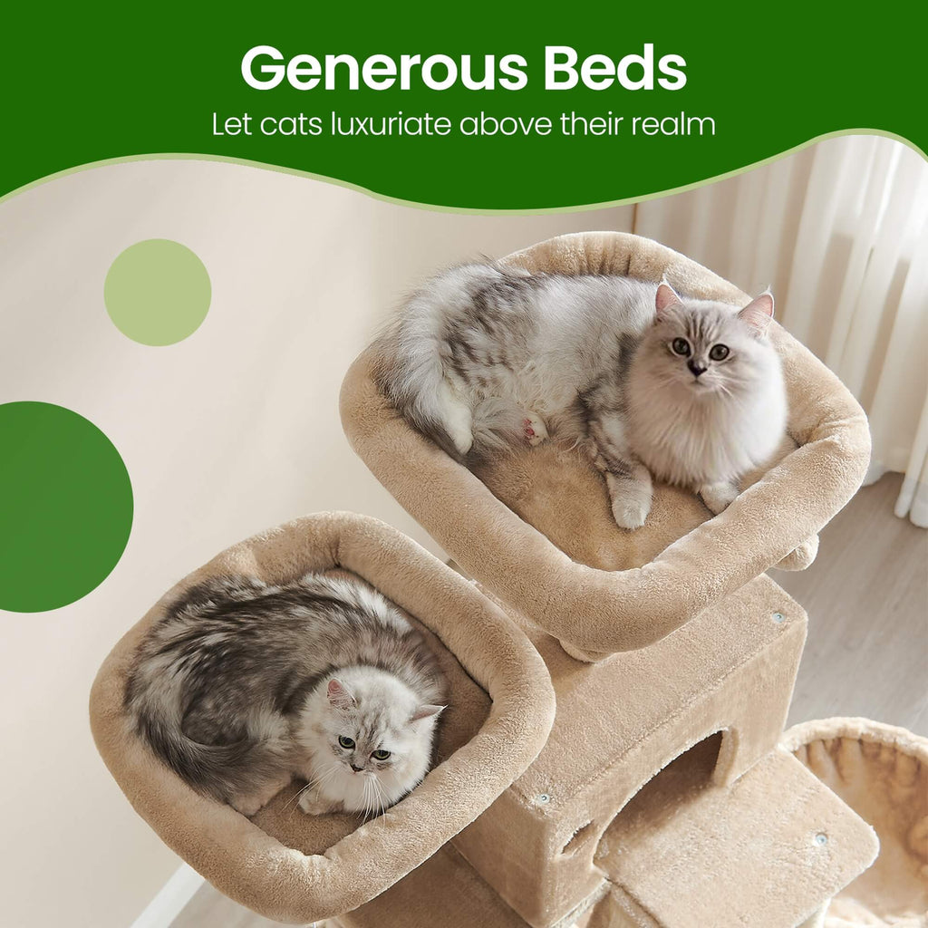 Feandrea Suuri raapimispuu, 206cm korkea, XXL-torni, 13 pylvästä, 2 tasoa, 2 luolaa, kori, riippumatto, plyysipallot, monitasoinen, kamelinruskea