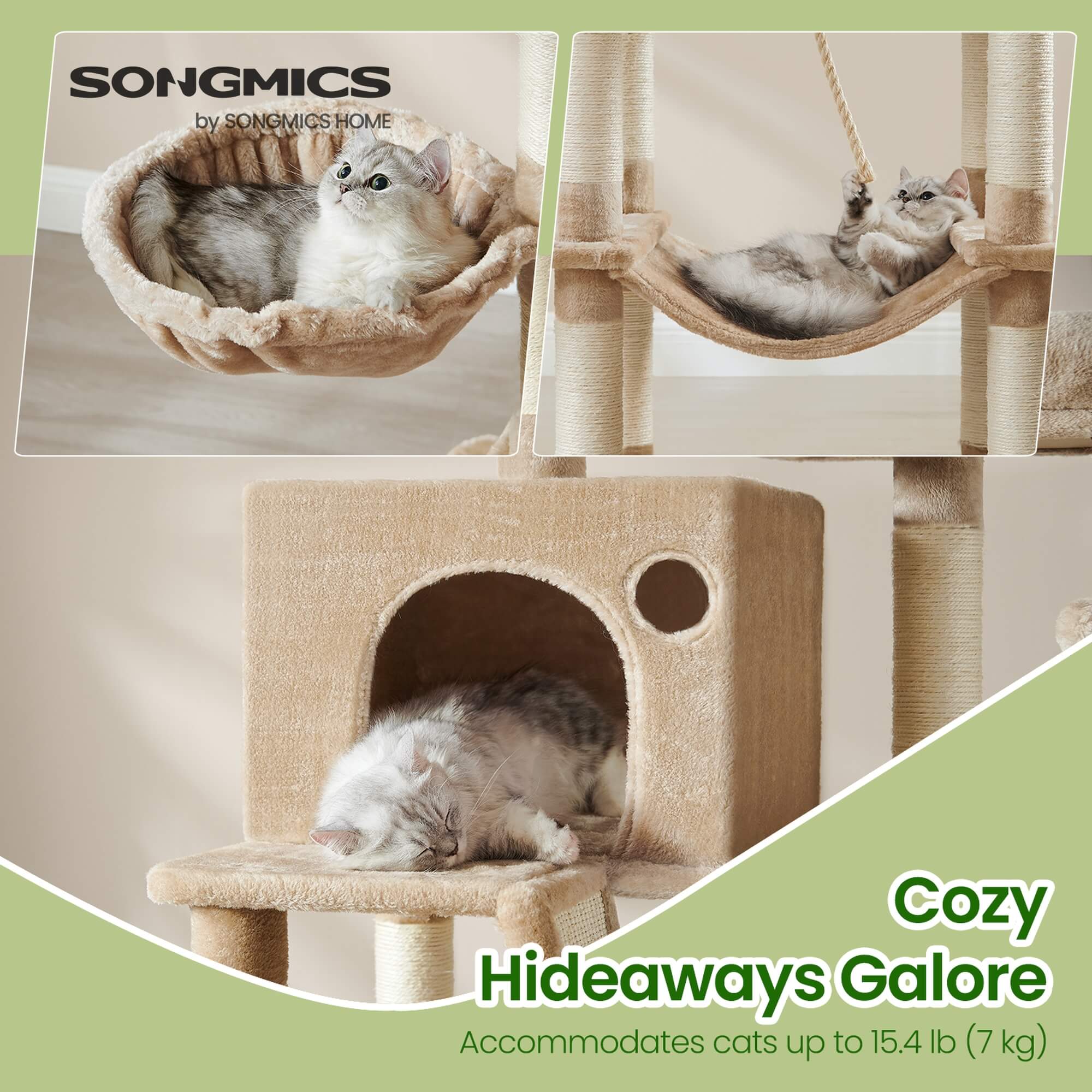 Feandrea Suuri raapimispuu, 206cm korkea, XXL-torni, 13 pylvästä, 2 tasoa, 2 luolaa, kori, riippumatto, plyysipallot, monitasoinen, kamelinruskea