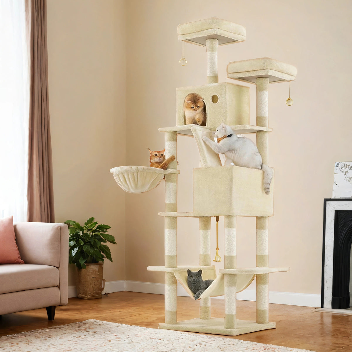 Feandrea Stort katträd, 206 cm högt, XXL-torn, 13 stolpar, 2 nivåer, 2 grottor, korg, hängmatta, plyschbollar, flera nivåer, beige