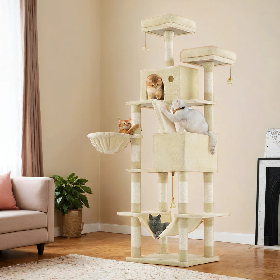 Feandrea Stort katträd, 206 cm högt, XXL-torn, 13 stolpar, 2 nivåer, 2 grottor, korg, hängmatta, plyschbollar, flera nivåer, beige
