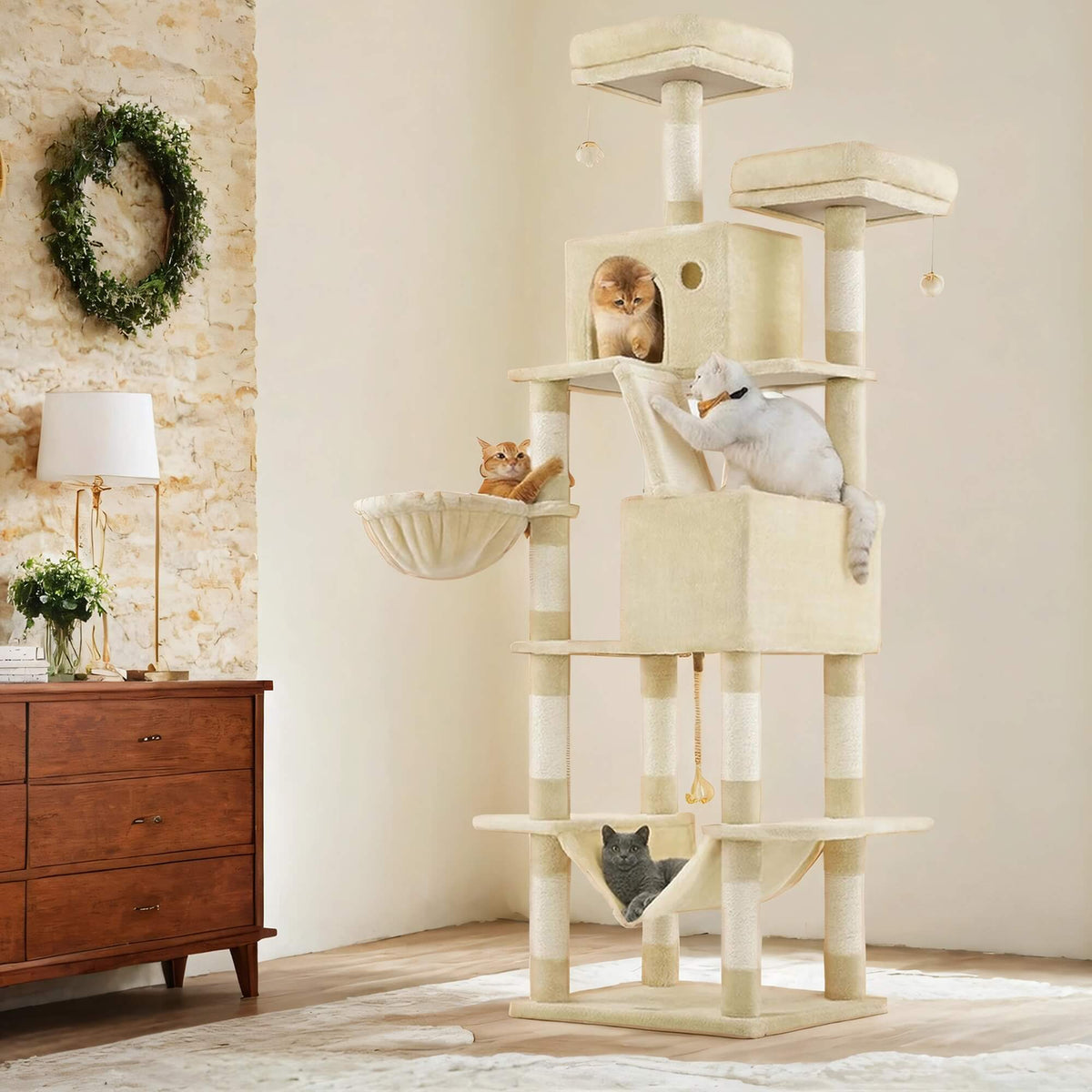 Feandrea Stort katträd, 206 cm högt, XXL-torn, 13 stolpar, 2 nivåer, 2 grottor, korg, hängmatta, plyschbollar, flera nivåer, beige