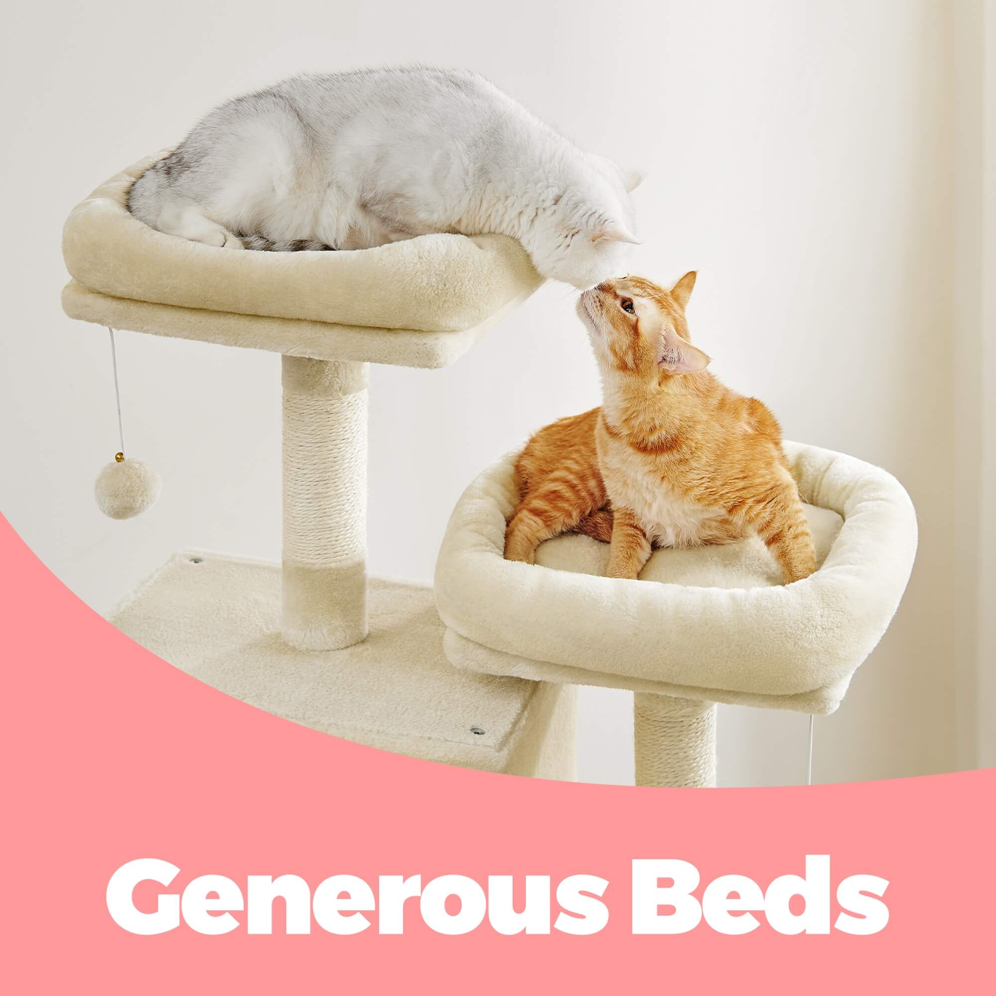 Feandrea Suuri kissanpuu, 206cm korkea, XXL-torni, 13 pylvästä, 2 tasoa, 2 luolaa, kori, riippumatto, plyysipallot, monitasoinen, beige