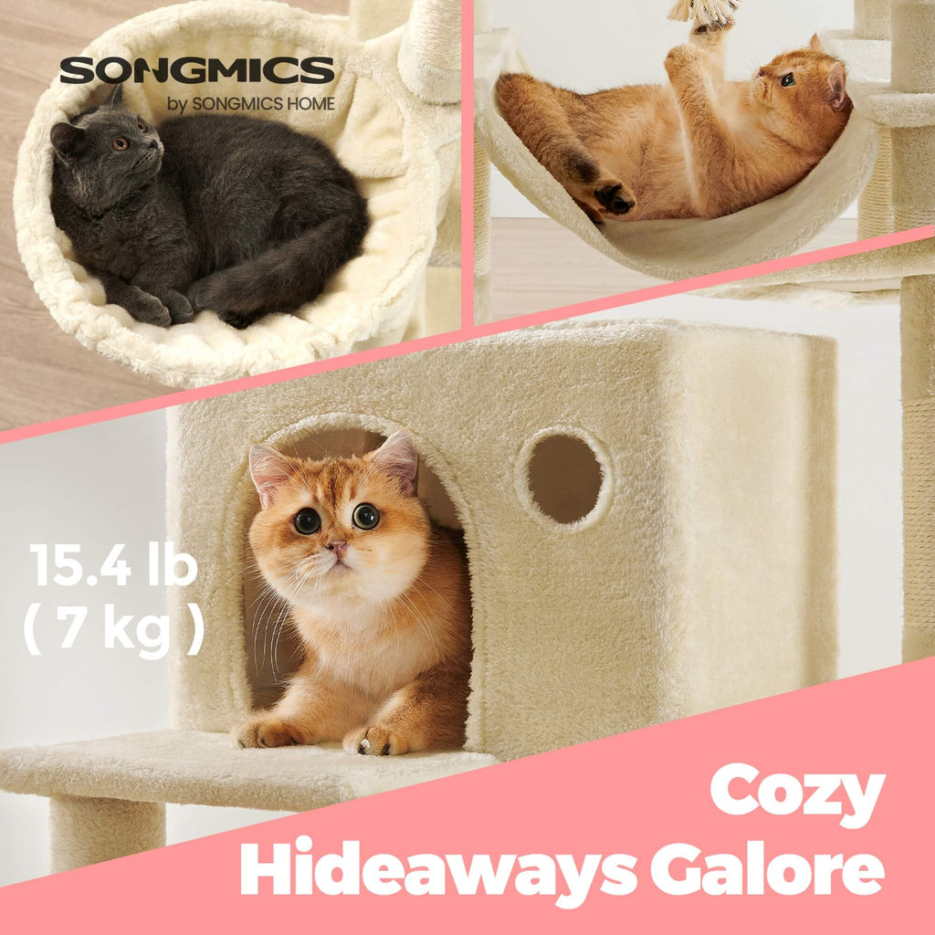 Feandrea Suuri kissanpuu, 206cm korkea, XXL-torni, 13 pylvästä, 2 tasoa, 2 luolaa, kori, riippumatto, plyysipallot, monitasoinen, beige