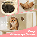 Feandrea Suuri kissanpuu, 206cm korkea, XXL-torni, 13 pylvästä, 2 tasoa, 2 luolaa, kori, riippumatto, plyysipallot, monitasoinen, beige