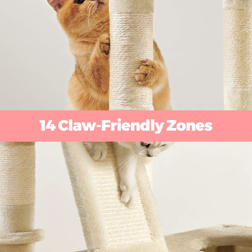 Feandrea Suuri kissanpuu, 206cm korkea, XXL-torni, 13 pylvästä, 2 tasoa, 2 luolaa, kori, riippumatto, plyysipallot, monitasoinen, beige