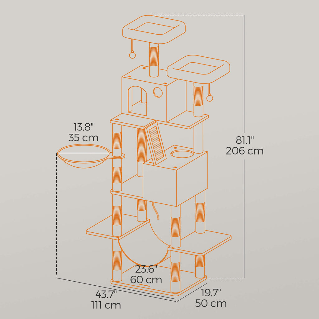 Feandrea Suuri kissanpuu, 206cm korkea, XXL-torni, 13 pylvästä, 2 tasoa, 2 luolaa, kori, riippumatto, plyysipallot, monitasoinen, beige