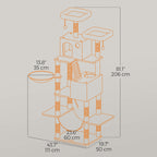 Feandrea Suuri kissanpuu, 206cm korkea, XXL-torni, 13 pylvästä, 2 tasoa, 2 luolaa, kori, riippumatto, plyysipallot, monitasoinen, beige
