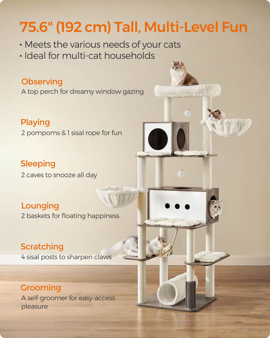 Feandrea Kissanpuu, moderni 197cm leikkitorni, monitasoinen, 2 pesää, 2 koria, 4 raapimapylvästä