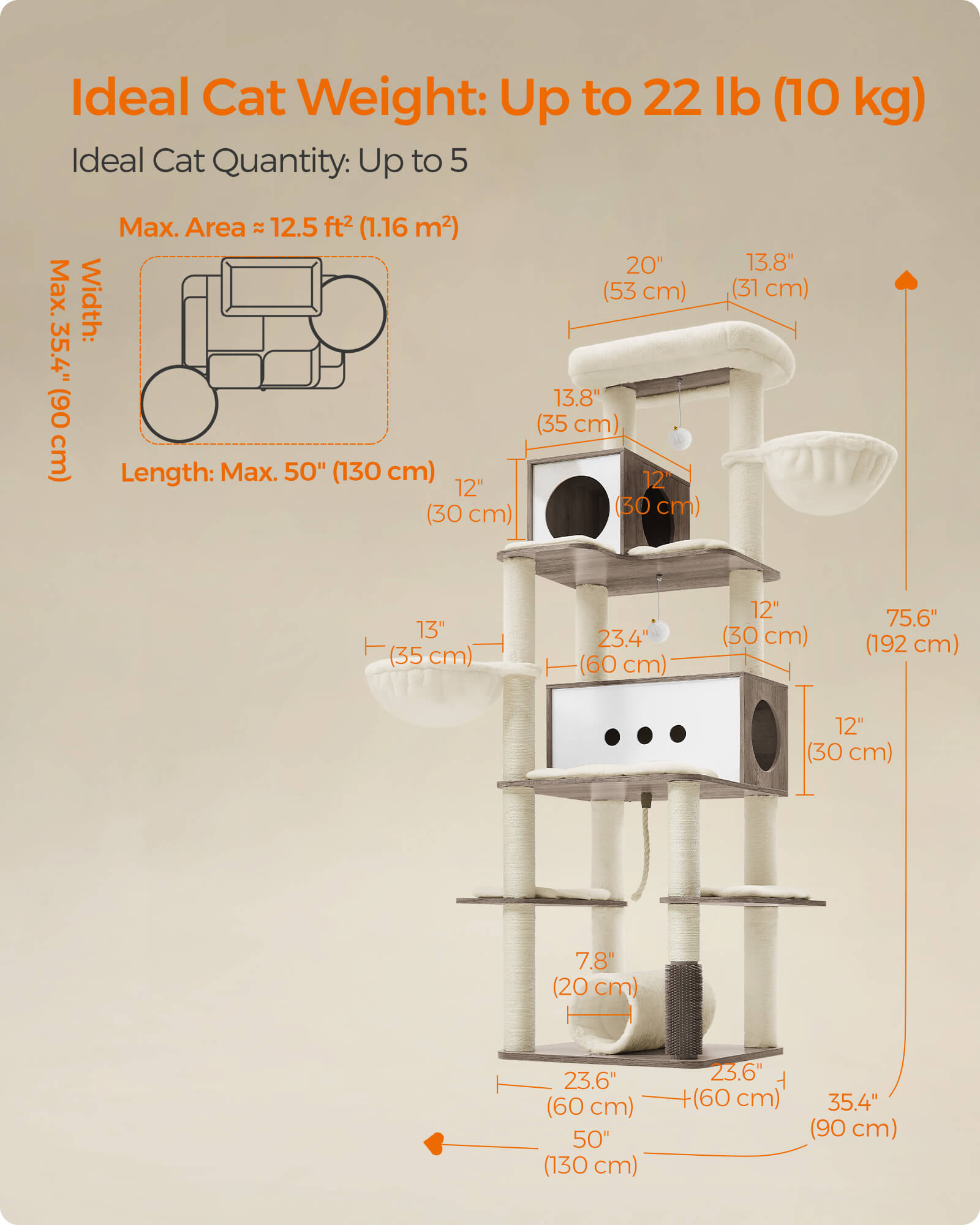 Feandrea Kissanpuu, moderni 197cm leikkitorni, monitasoinen, 2 pesää, 2 koria, 4 raapimapylvästä