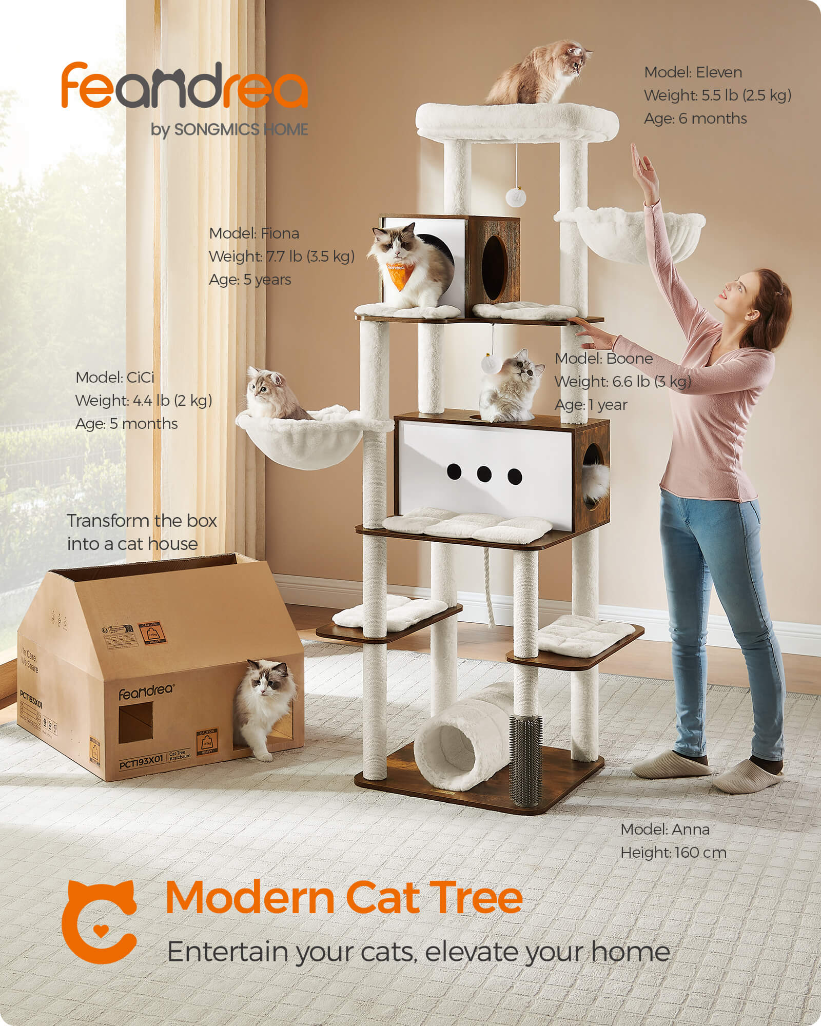 Feandrea Suuri raapimispuu, 197cm korkea, XXL-kissanpuu, moderni, monitasoinen, 2 luolaa, 2 riippukoria, 4 pylvästä, harja, tunneli, tasot, vintage-ruskea