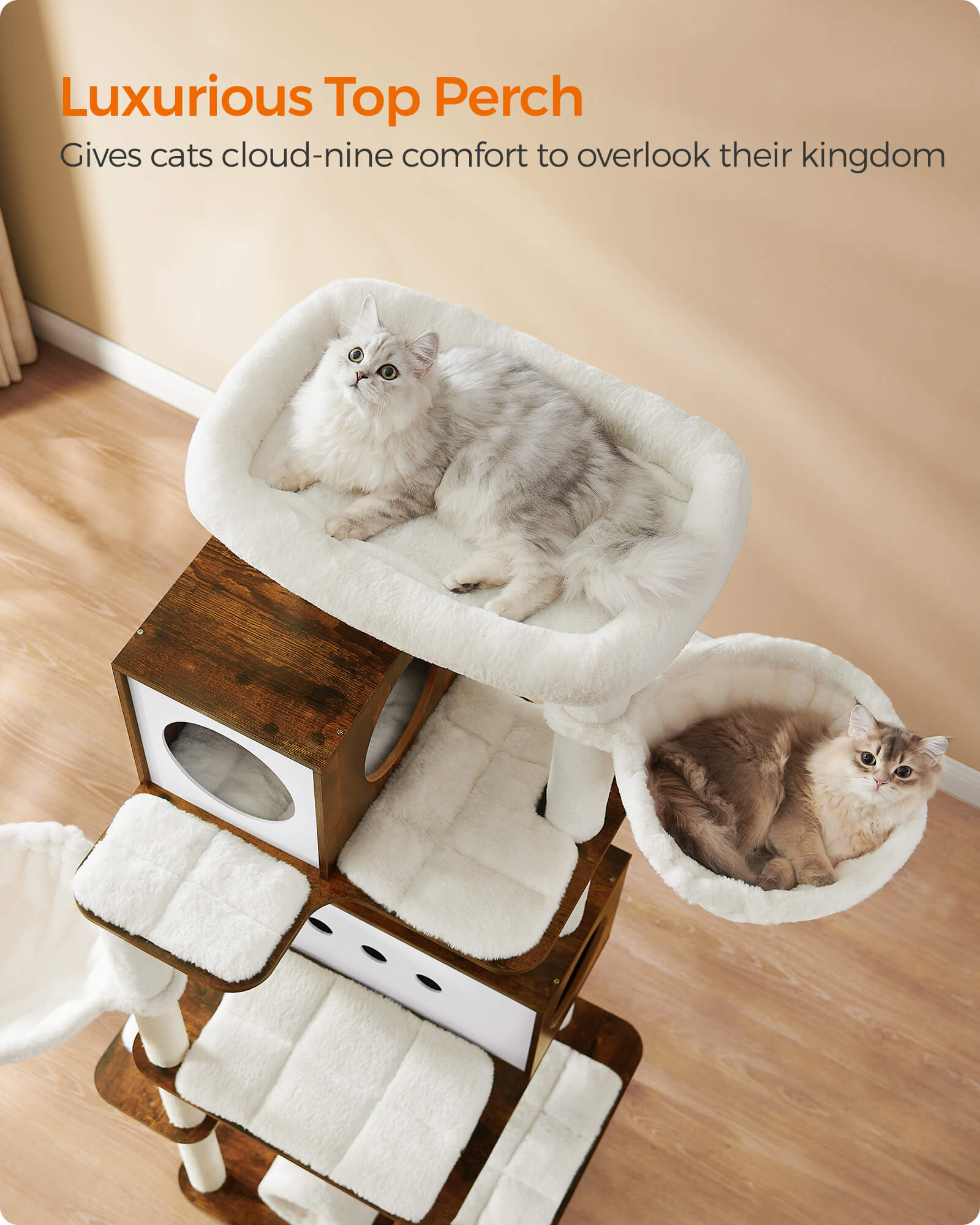 Feandrea Suuri raapimispuu, 197cm korkea, XXL-kissanpuu, moderni, monitasoinen, 2 luolaa, 2 riippukoria, 4 pylvästä, harja, tunneli, tasot, vintage-ruskea