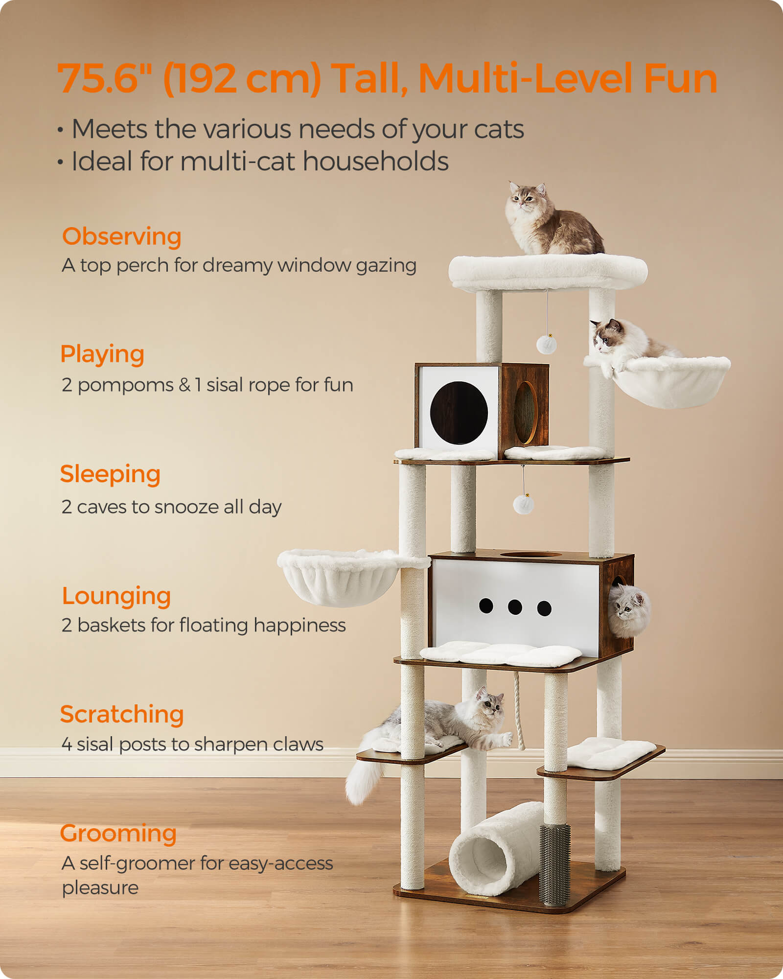 Feandrea Suuri raapimispuu, 197cm korkea, XXL-kissanpuu, moderni, monitasoinen, 2 luolaa, 2 riippukoria, 4 pylvästä, harja, tunneli, tasot, vintage-ruskea