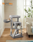 Feandrea Kissanpuu, monitasoinen torni leveällä makuupaikalla, kissakoti raapimapylväillä ja rampilla, vaaleanharmaa