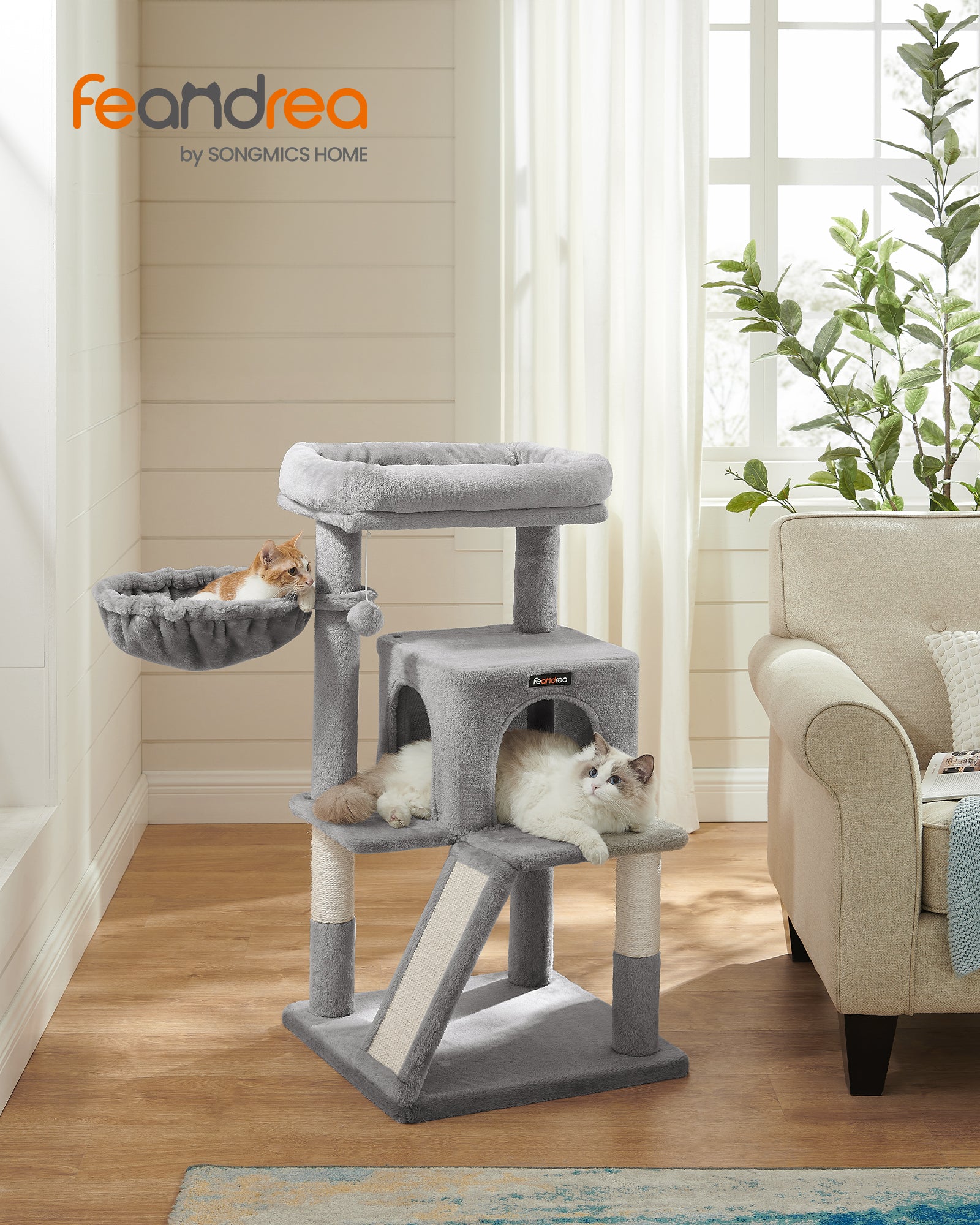 Feandrea Kissanpuu, monitasoinen torni leveällä makuupaikalla, kissakoti raapimapylväillä ja rampilla, vaaleanharmaa