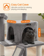 Feandrea Kissanpuu, monitasoinen torni leveällä makuupaikalla, kissakoti raapimapylväillä ja rampilla, vaaleanharmaa