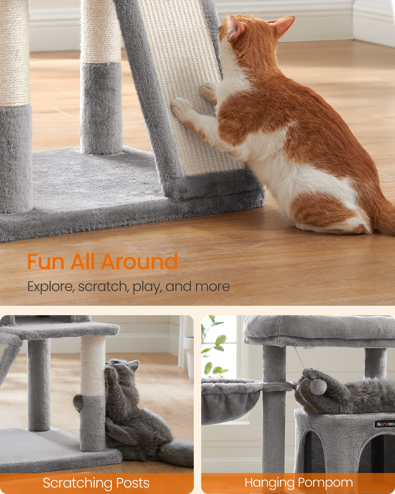 Feandrea Kissanpuu, monitasoinen torni leveällä makuupaikalla, kissakoti raapimapylväillä ja rampilla, vaaleanharmaa