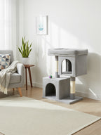 Feandrea Raapimispuu 74cm, M-kissanpuu keskikokoisille kissoille (jopa 5kg), suuri taso, 2 luolaa, sisalpylväät, vaaleanharmaa