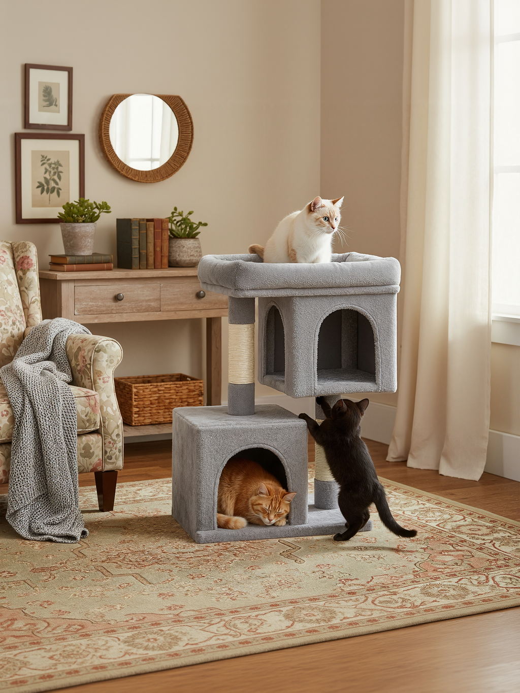 Feandrea Raapimispuu 74cm, M-kissanpuu keskikokoisille kissoille (jopa 5kg), suuri taso, 2 luolaa, sisalpylväät, vaaleanharmaa