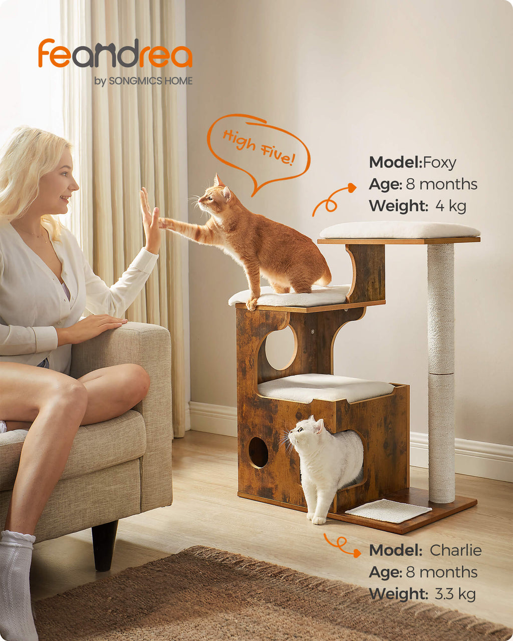 FEANDREA Raapimispuu 86cm, keskikokoinen puu 3 makuupaikalla ja luolalla, MDF-rakenne puuviilulla, sisalpylväs, pestävät plyysityynyt, vintage-ruskea-valkoinen