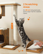 FEANDREA Raapimispuu 86cm, keskikokoinen puu 3 makuupaikalla ja luolalla, MDF-rakenne puuviilulla, sisalpylväs, pestävät plyysityynyt, vintage-ruskea-valkoinen