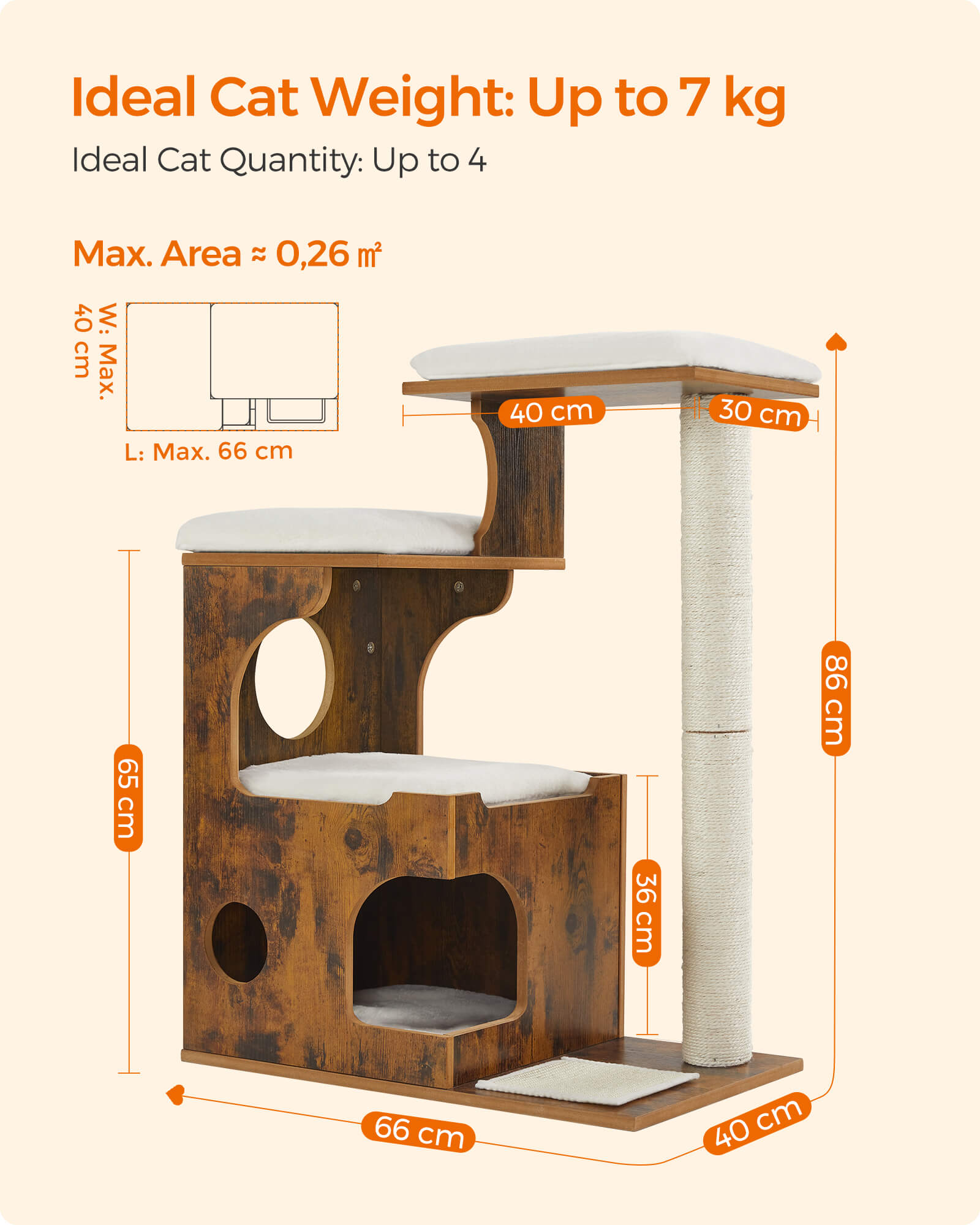 FEANDREA Raapimispuu 86cm, keskikokoinen puu 3 makuupaikalla ja luolalla, MDF-rakenne puuviilulla, sisalpylväs, pestävät plyysityynyt, vintage-ruskea-valkoinen