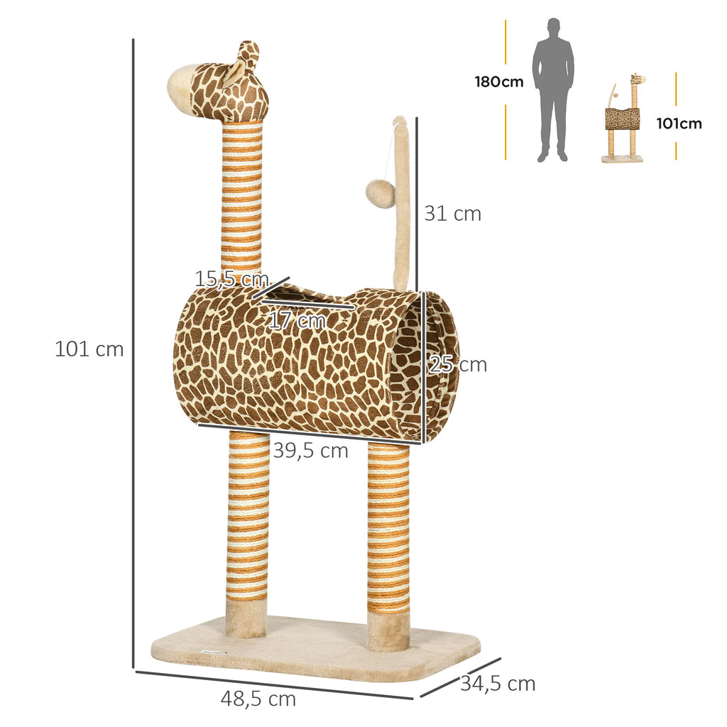 Kirahvin muotoinen kissan raapimispuu tunnelilla, 101 cm, beige
