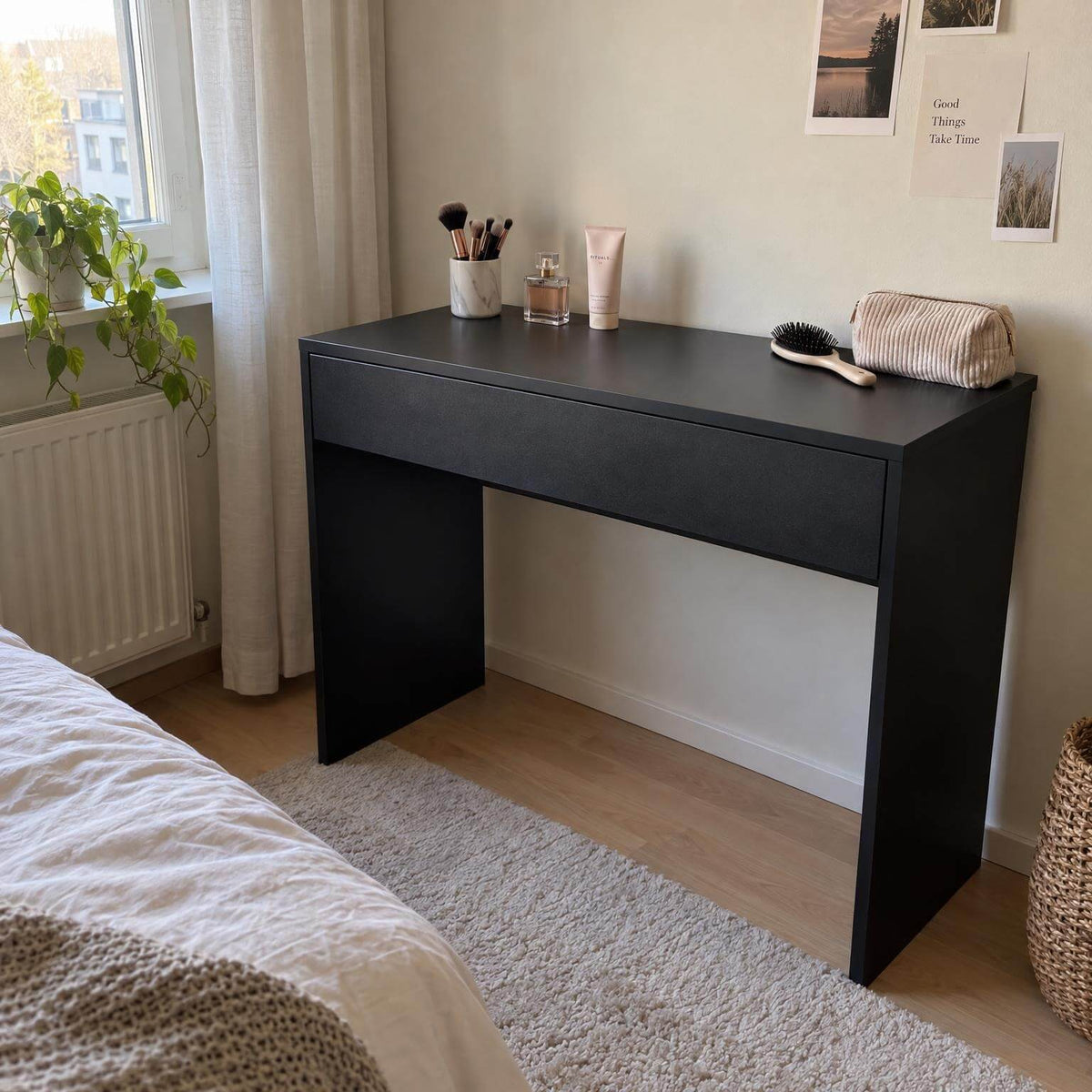 Meikkipöytä 91 x 35 x 76 cm – leveä laatikko, musta, kompakti koko