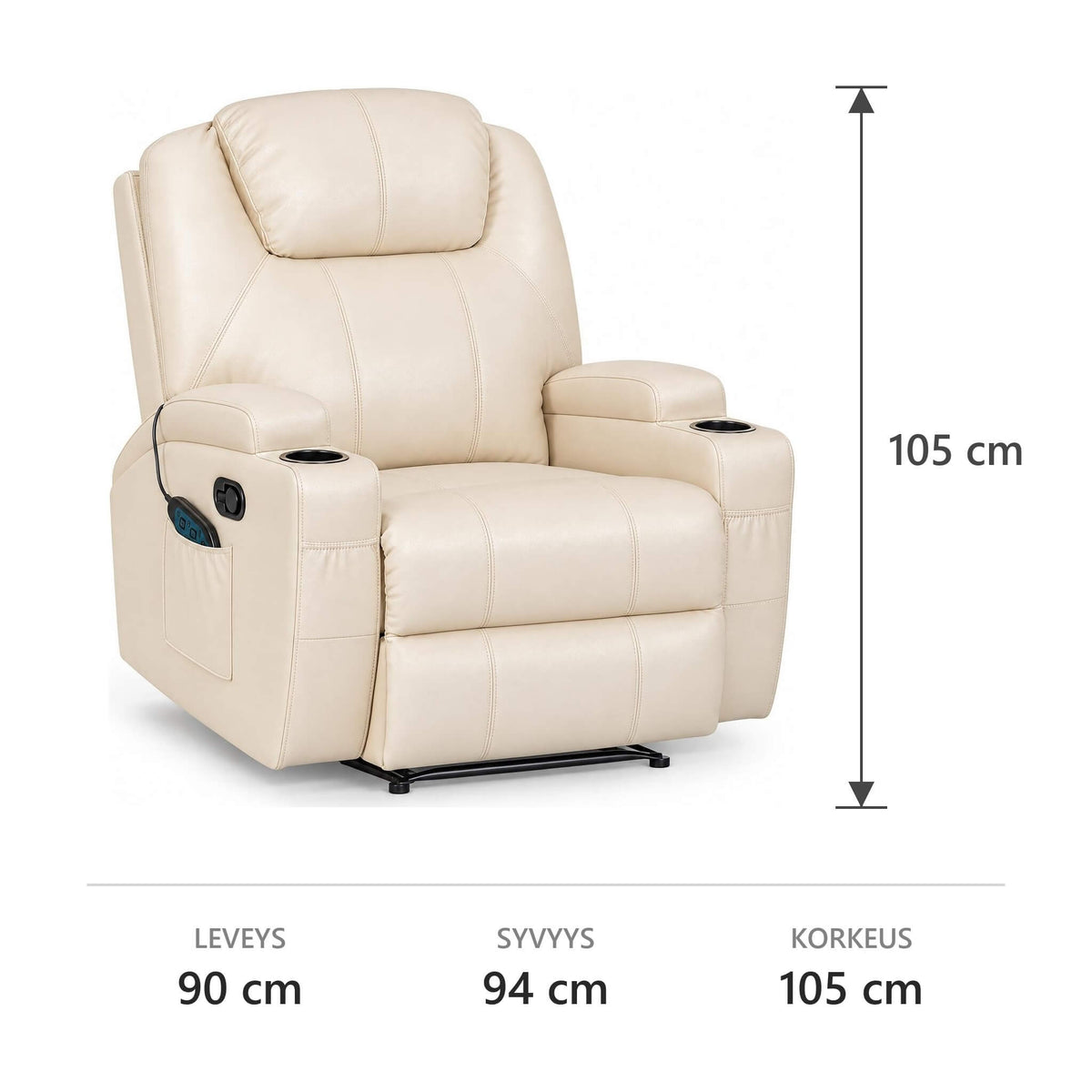 Hierova TV-tuoli 90 x 94 x 105 cm – recliner, 8 hierontapistettä, mukitelineet