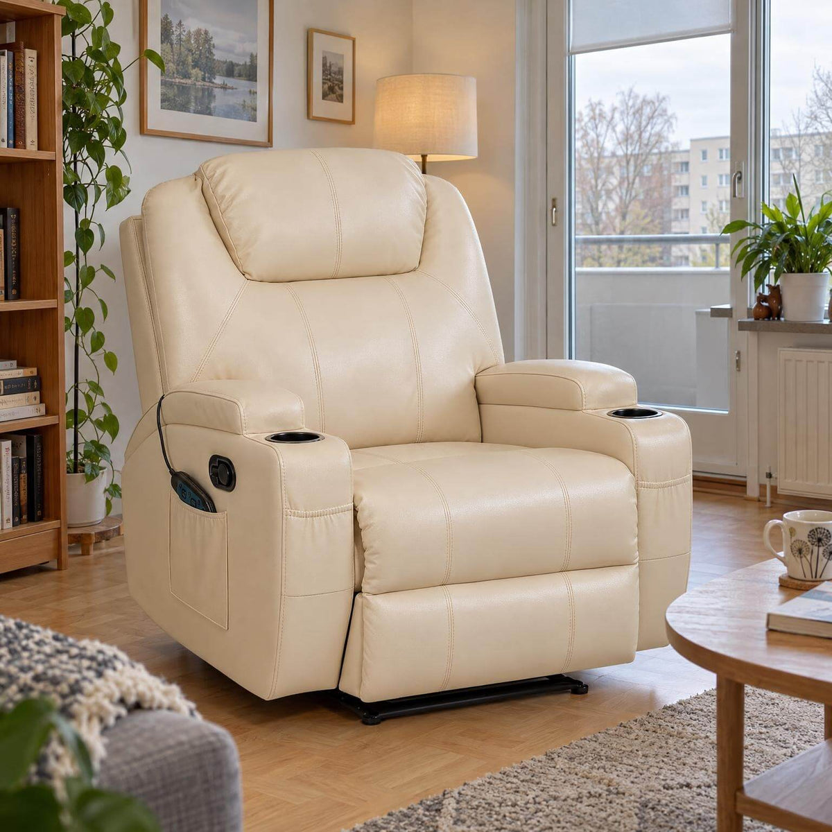 Hierova TV-tuoli 90 x 94 x 105 cm – recliner, 8 hierontapistettä, mukitelineet