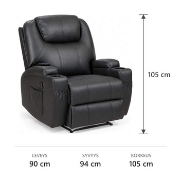 Hierova TV-tuoli 90 x 94 x 105 cm – recliner, 8 hierontapistettä, mukitelineet