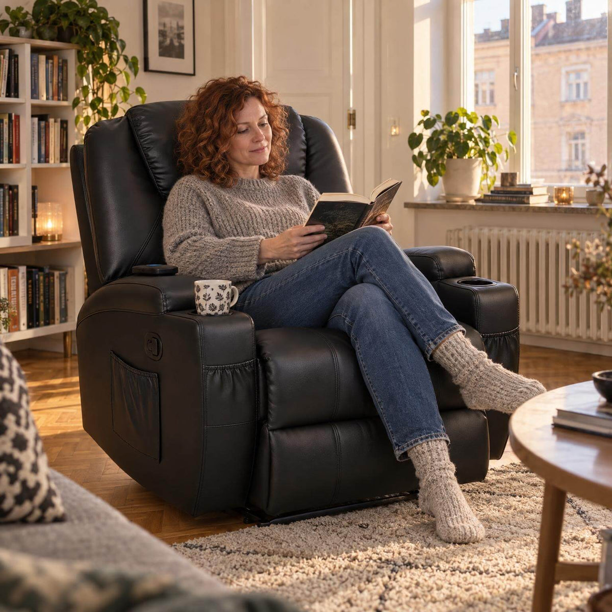 Hierova TV-tuoli 90 x 94 x 105 cm – recliner, 8 hierontapistettä, mukitelineet